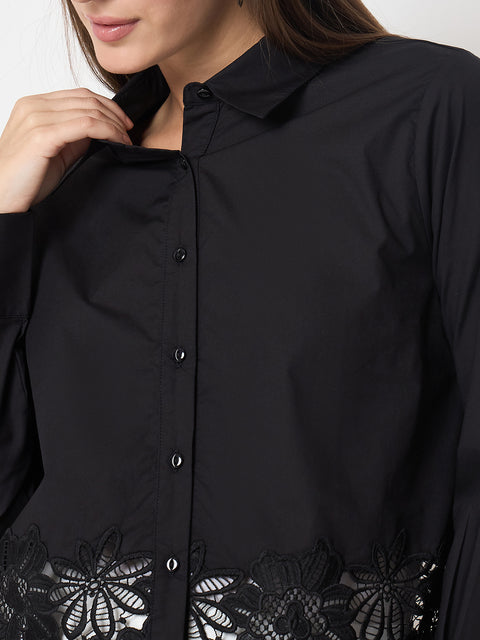 Madame Floral Lace Scalloped Hem Black Shirt