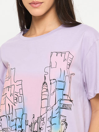 Madame Swarovski Detail Graphic Print Cotton Lilac T-shirt