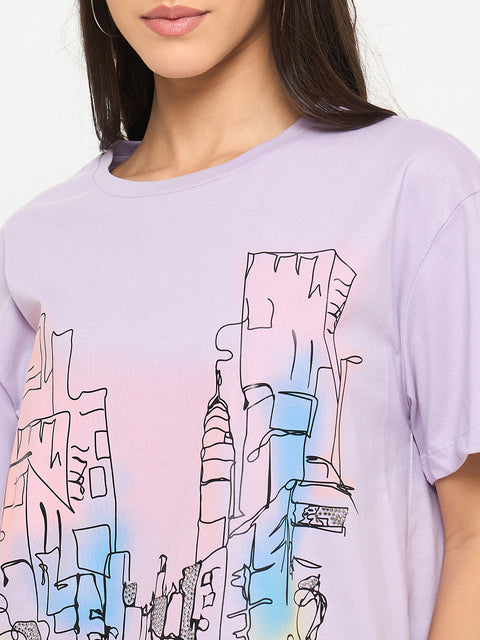 Madame Swarovski Detail Graphic Print Cotton Lilac T-shirt