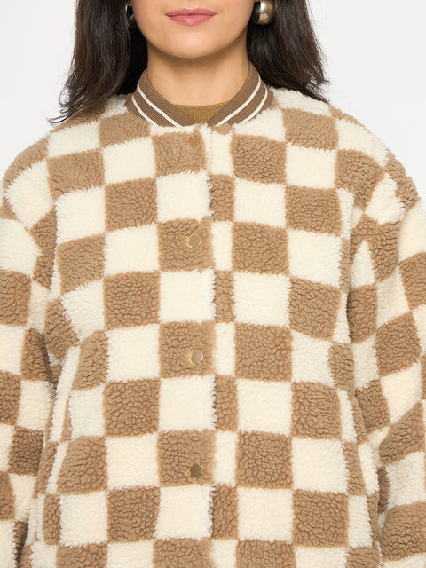Madame Chequered Zipped Brown Bomber Jacket