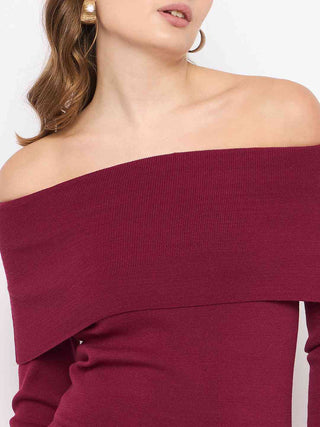 Madame Off Shoulder Wine Red Knit Midi Dress