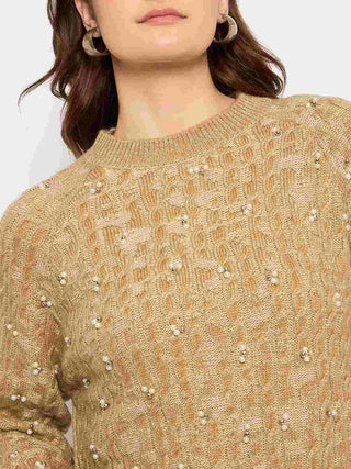 Madame Cable Knit Pearl Embellished Brown Sweater