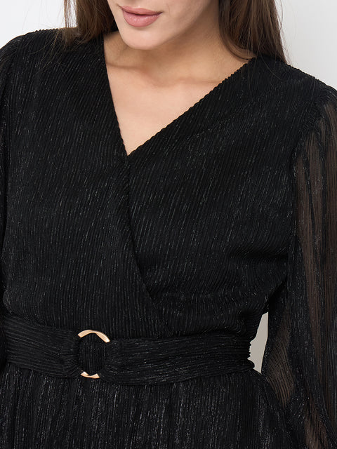 Madame Pliss Self Design Belted Black Flared Maxi Dress