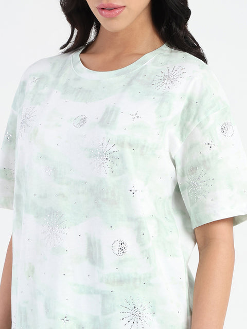 Madame Swarovksi Detailed Tie and Dye Sea Green T-shirt