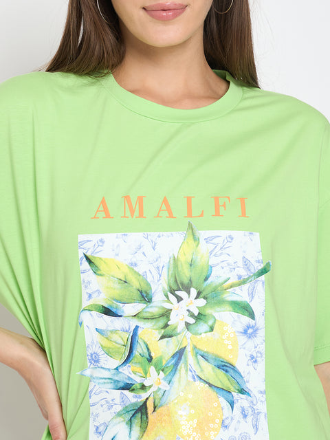 Madame Botanical Print Short Sleeve Green Cotton Blend T-shirt