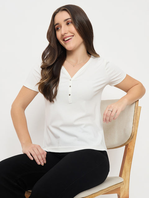 Madame White V-Neck T-Shirt with Button Placket