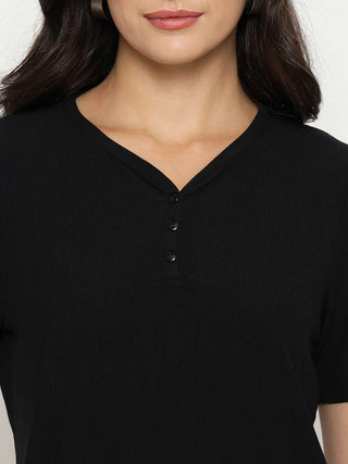 Madame Henley Neck Solid Black T-Shirt
