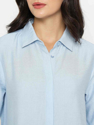 Madame Textured Solid Sky Blue Rayon Blend Shirt