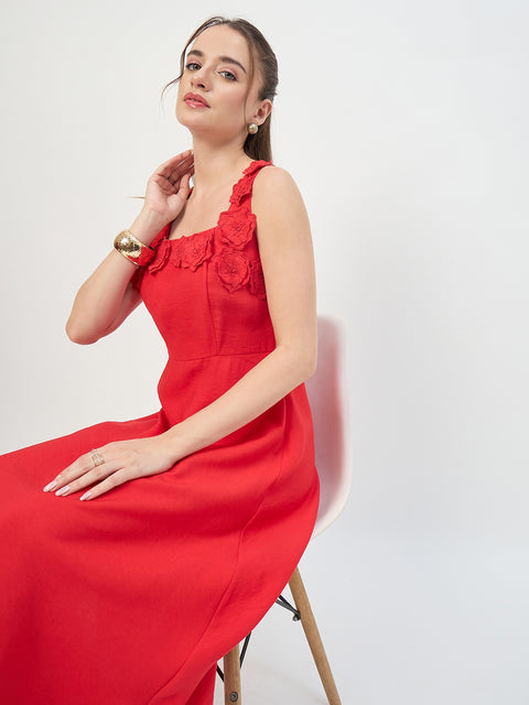 Madame Red Rayon Fit and Flare Midi Dress