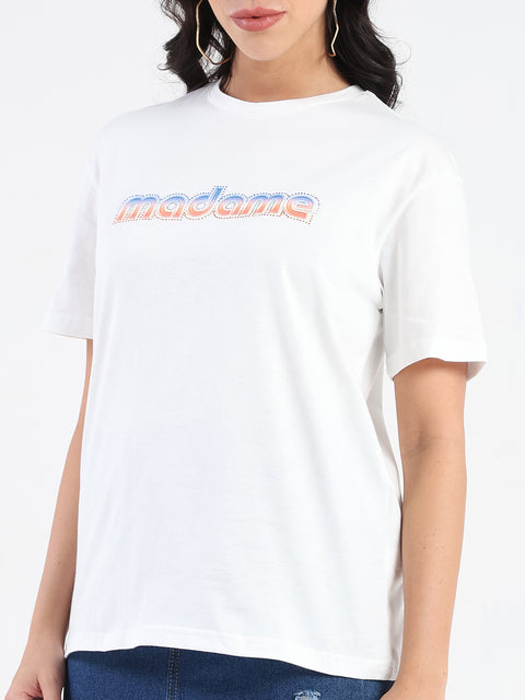 Madame Swarovski and Graphic Print White Cotton T-shirt