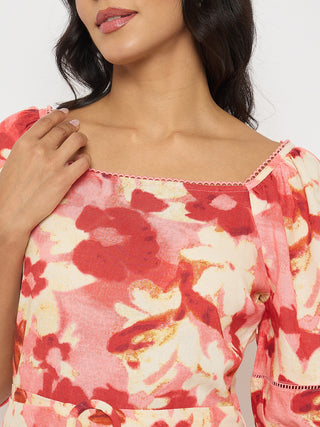 Madame Floral Print Ruched Bodycon Coral Dress