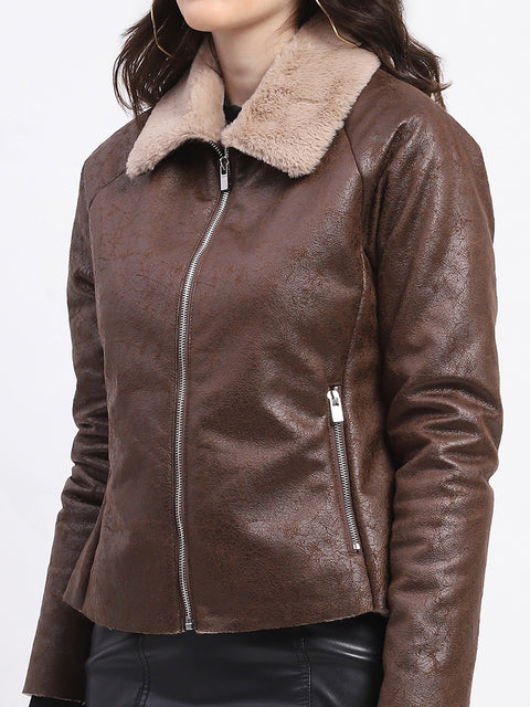 Madame Textured Self Design Brown Suede Jacket