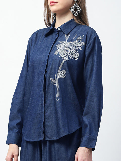 Madame Dori Embroidered Navy Blue Cotton Blend Shirt