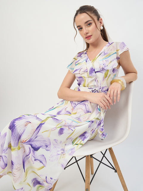 Madame Purple Printed Ruffle Sleeve Midi Dress