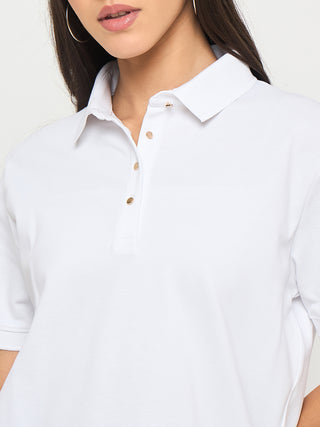 Madame Cotton Blend Solid White Polo T-shirt