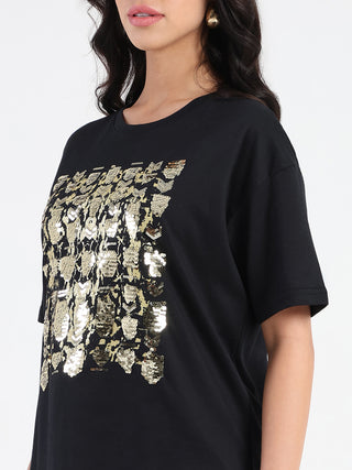 Madame Front Embellished Solid Black Cotton T-shirt