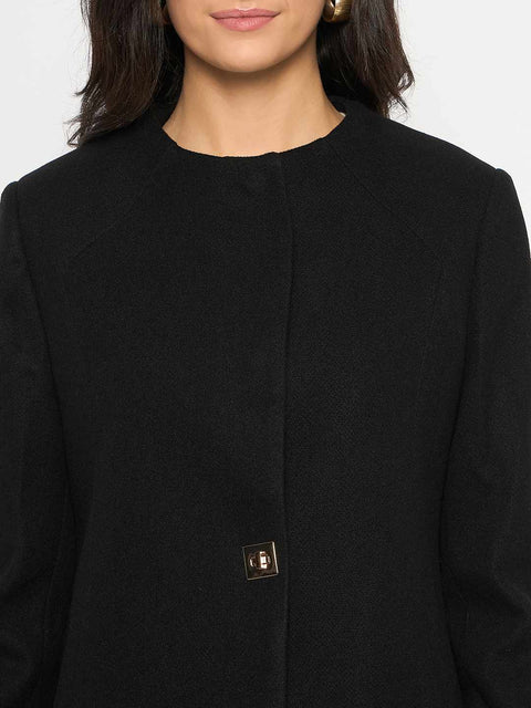 Madame Front Pocketed Round Neck Black Short Coat
