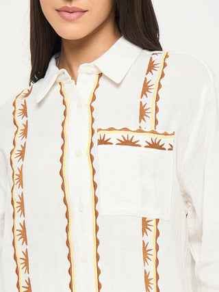 Madame Printed Shirt and Trousers White Cotton Co-ord Set