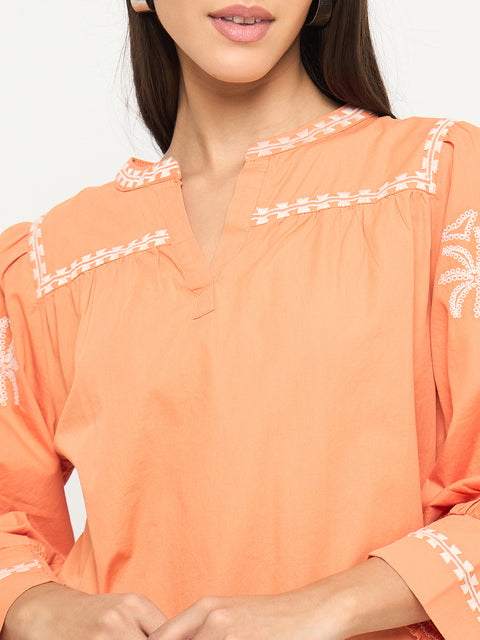 Madame Embroidered Split Crew Warm Amber Cotton Top