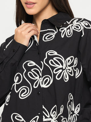 Madame Dori Embroidery Detailed Solid Black Cotton Shirt