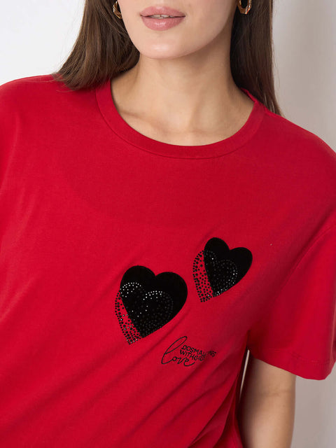 Madame Graphic Print Swarovski Detailed Red T-shirt
