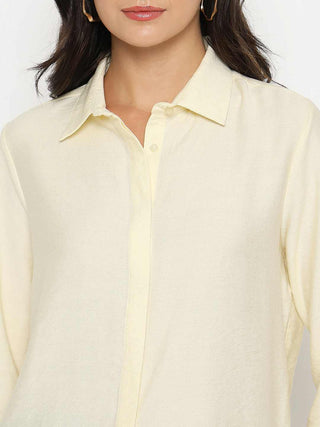 Madame Textured Solid Cream Rayon Blend Shirt
