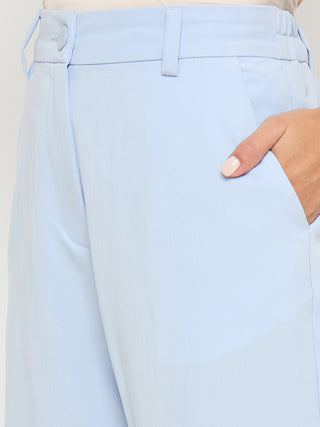Madame Solid Sky Blue Straight Fit Trousers