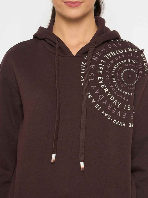 Madame Placement Printed Pearl Detailed Brown Sweatshirt