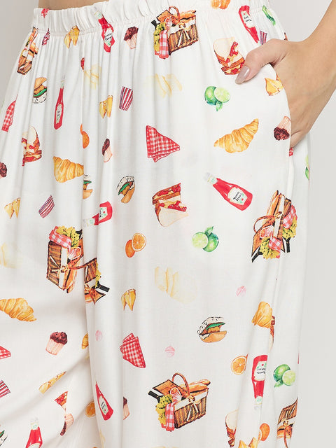 mSECRET Off White Printed Rayon Spread Collar Short Sleeve Night Suit