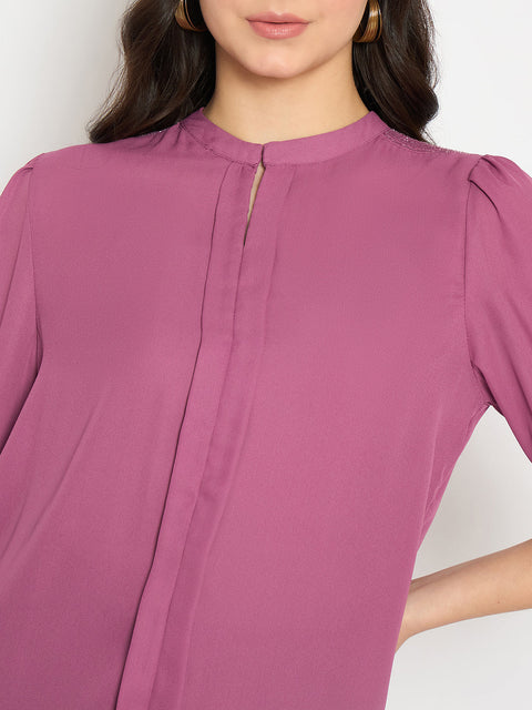 Madame Keyhole Neck Puff Sleeve Fuschia Top