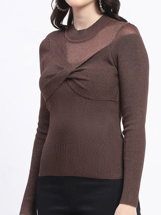 Madame Shimmery Mock Neck Wrap Brown Sweater