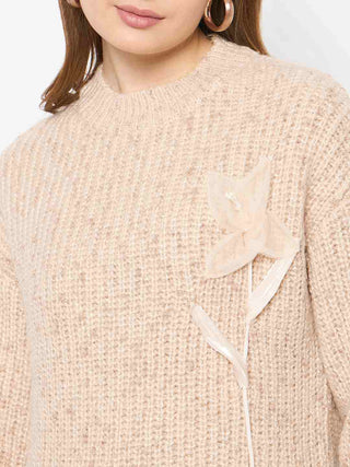 Madame Flower Applique Beige Sweater