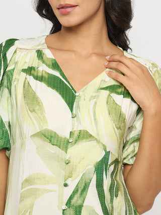 Madame Botanical Print Lace Insertion Off White Midi Dress