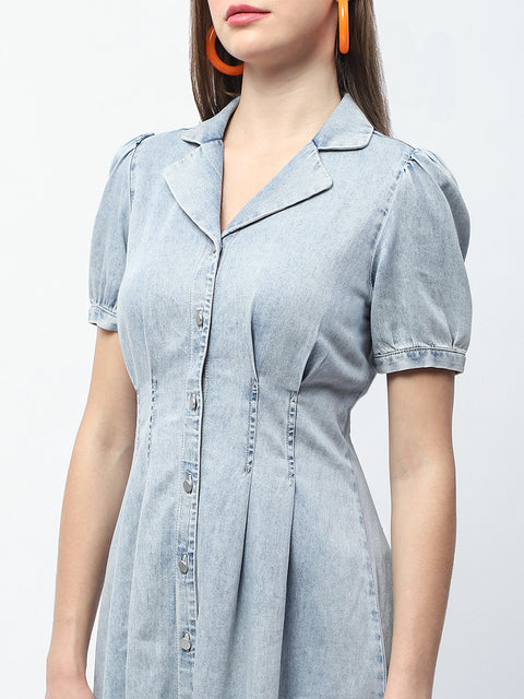 Madame Pintuck Detailed Light Blue Mini Denim Dress