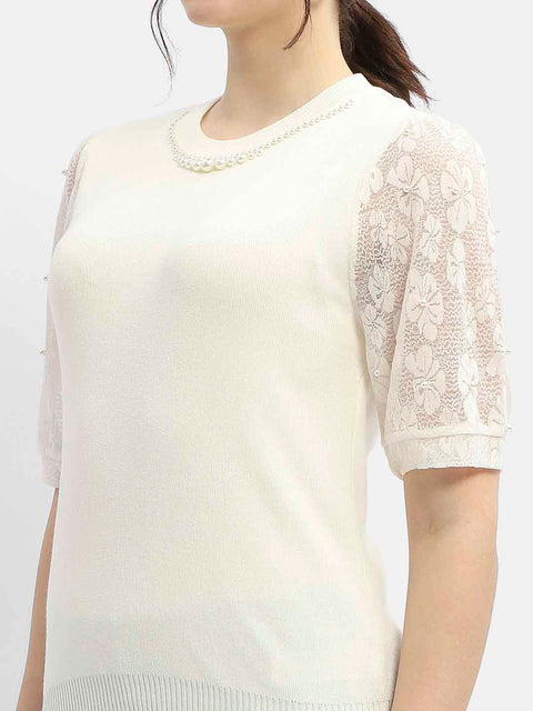 Madame Lace Adorned Beige Embellished Neck Top