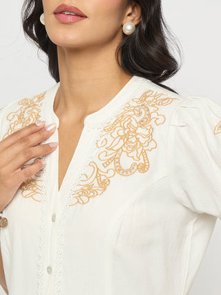 Madame Embroidered Flared Hem Belted White Cotton Dress