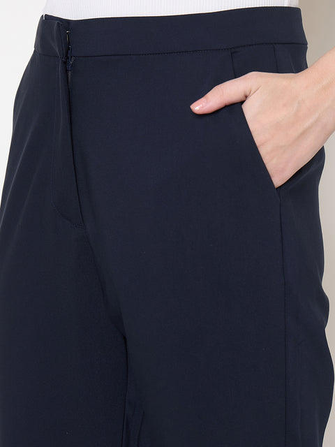 Madame Alex Waist Belt Detail Solid Navy Blue Trousers