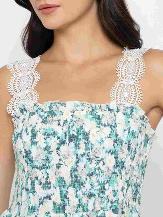Madame Laced Floral Print White Midi Dress