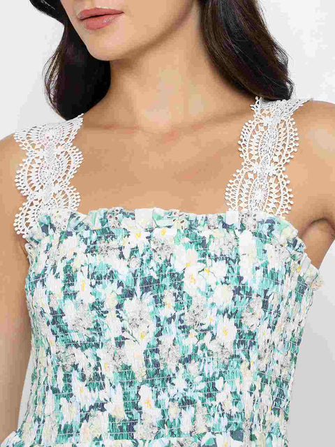 Madame Laced Floral Print White Midi Dress