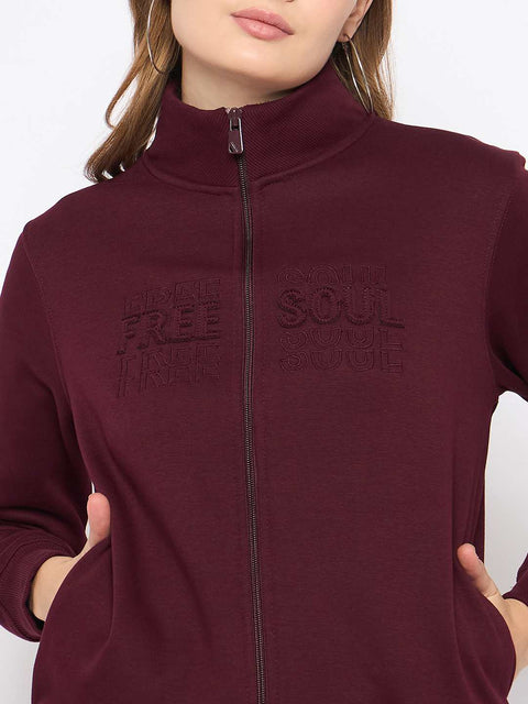 Madame Embroidery Detailied Wine Fleece Sweatshirt