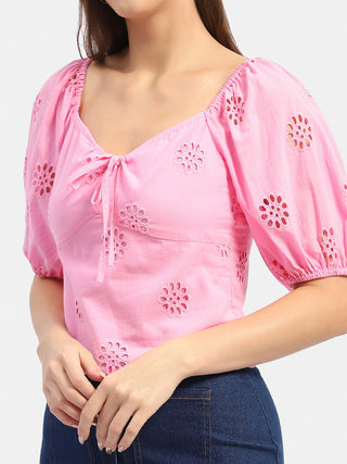 Madame Sweetheart Neck Pink Schiffli Top
