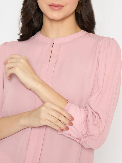 Madame Keyhole Neck Puff Sleeve Pink Top
