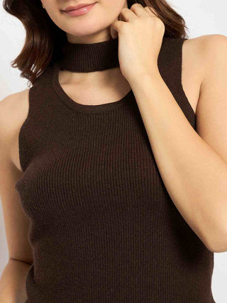 Madame Coffee Brown Ribbed Sleeveless Cutout Sweater