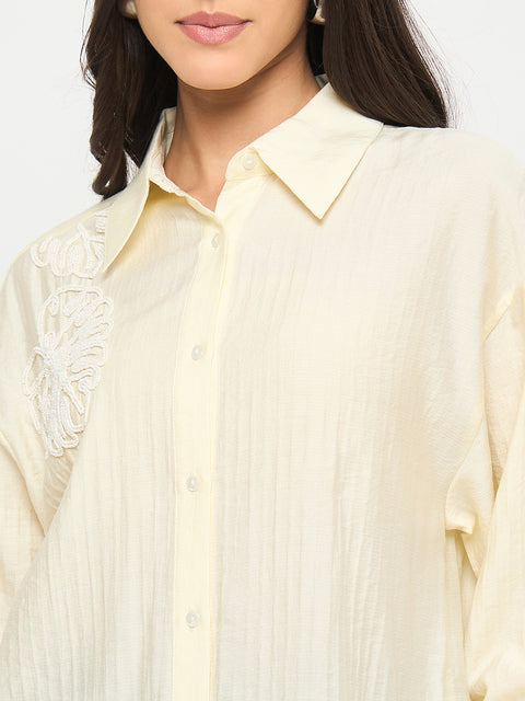 Madame Botanical Embroidery Off White Rayon Blend Shirt