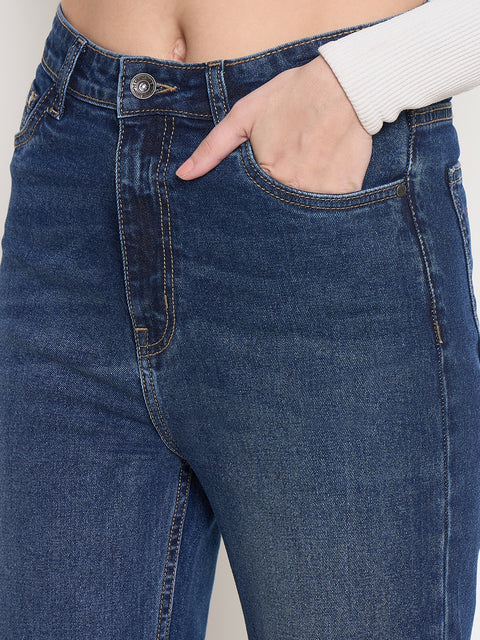 Madame Cotton Blend Rolled Hem Dark Blue Straight Jeans