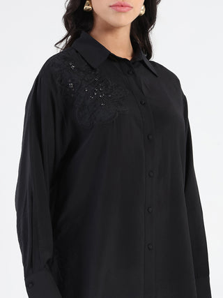 Madame Crushed Tissue Embroidered Black Shirt