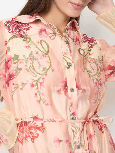 Madame Floral Print Peach Midi Shirt Dress