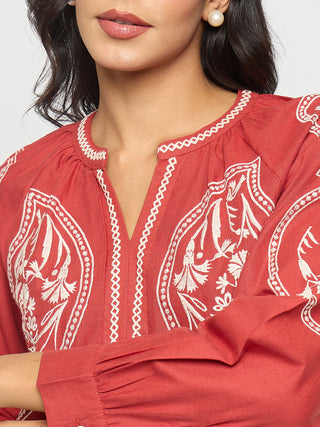 Madame Floral Embroidery Red Viscose Blend Top