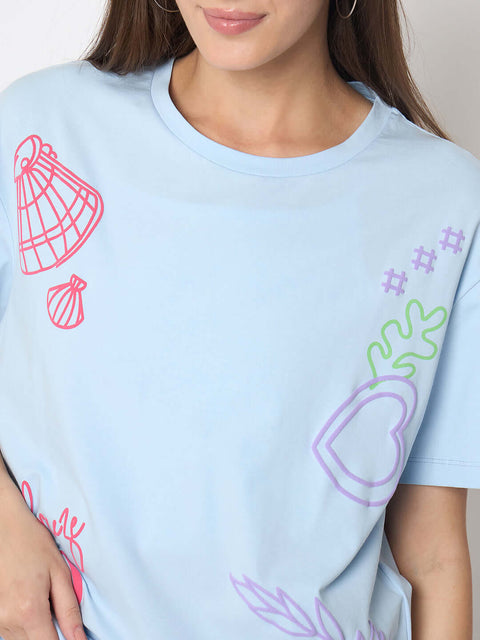 Madame Front and Back Printed Light Blue Sinker Tshirt