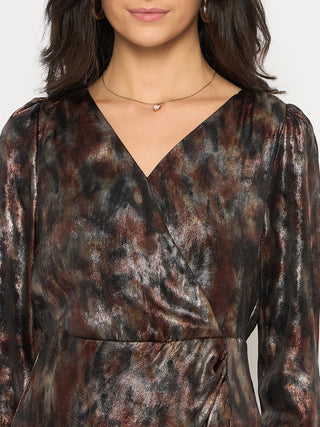 Madame Front Pleated Metallic Rust Floral Print Wrap Dress